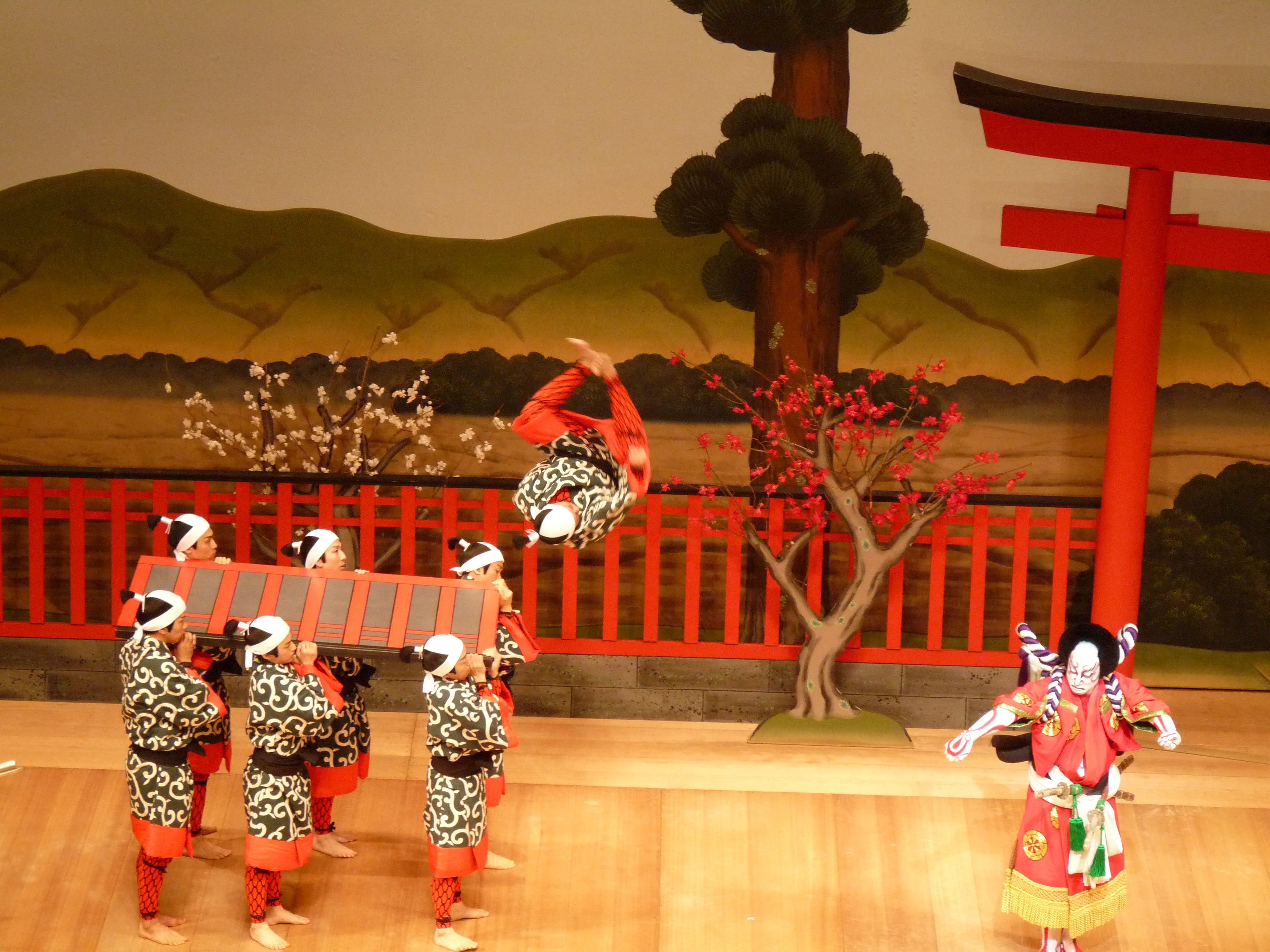 Kabuki performers on stage in traditional costume
